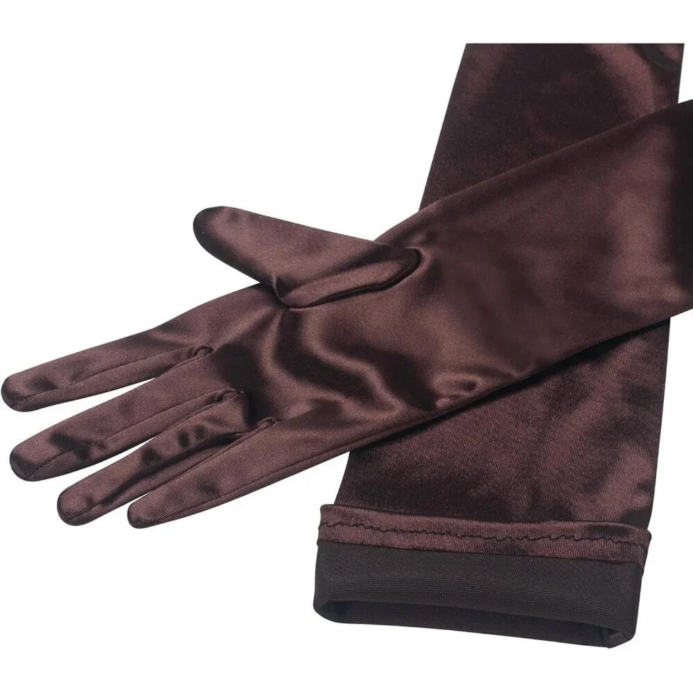 Women's Brown Long Satin Opera Fabric Gloves Party Tea Stretchy Elbow Length